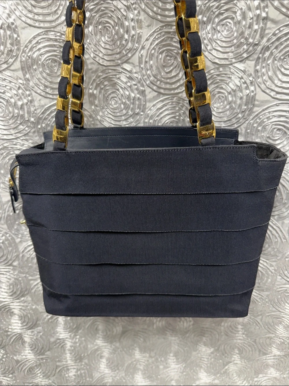 Salvatore Ferragamo Tiered Canvas & Leather Bag with Gold-tone Gancini Chain S
